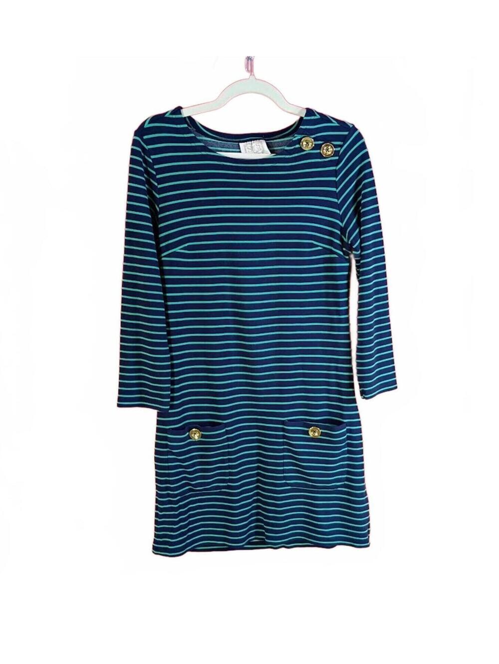 Sail to Sable Striped Navy and Green Long Sleeve Dress with Gold Buttons Size S